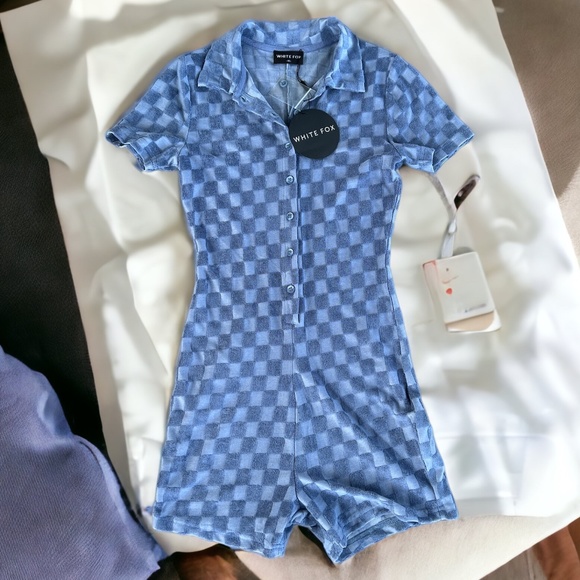 White Fox NWT Throw It Back Terry Playsuit Romper Size XS Steel Check - Picture 9 of 12
